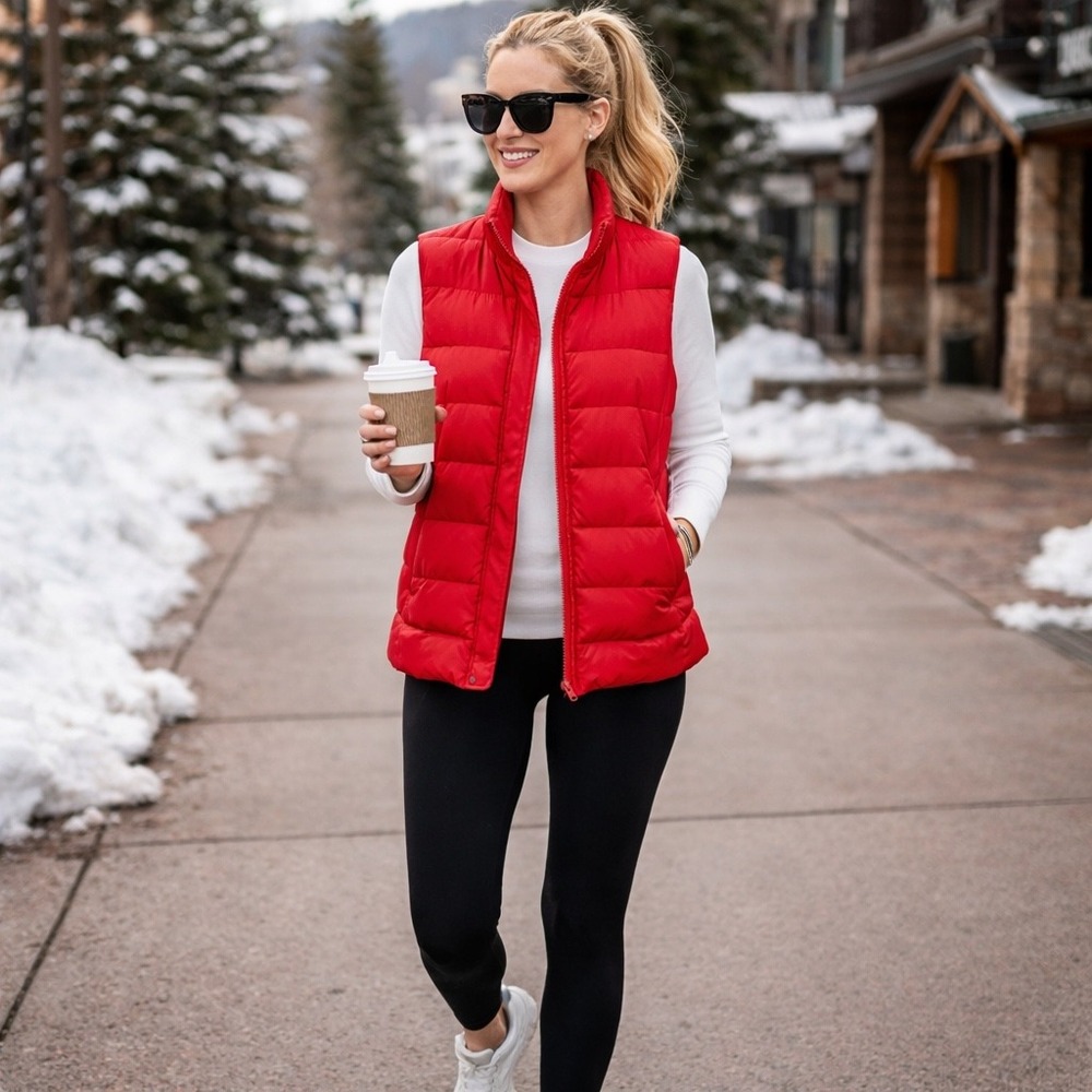 J. Jill Red Down Puffer Vest Womens XL‎ Lightweight Quilted Winter Zip Minimal